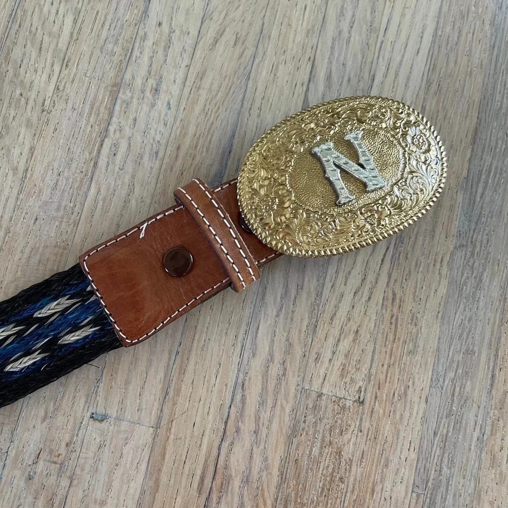 Vintage Crumrine Braided Belt Initial N Gold Tone Bronze Western Womens Size 28‎